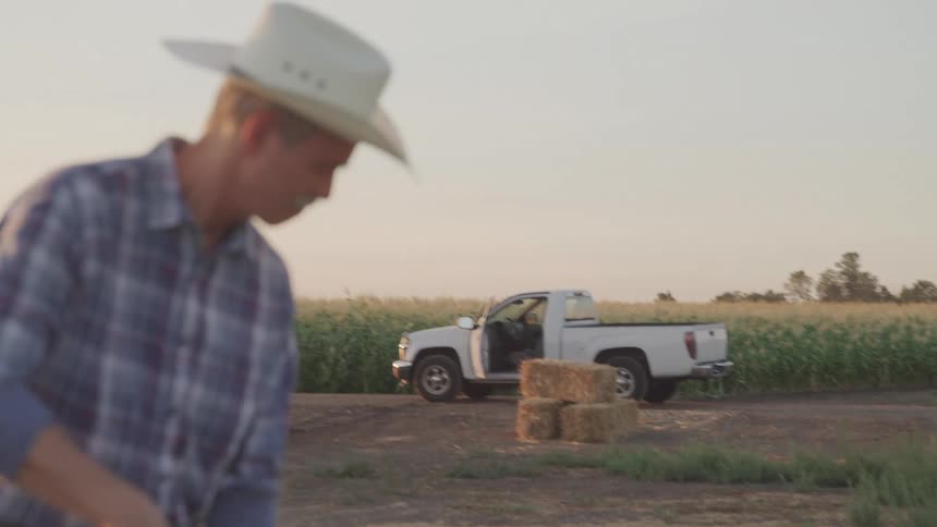 Farmer rakes the ground while a pickup truck sits parked near a field of crops in the background