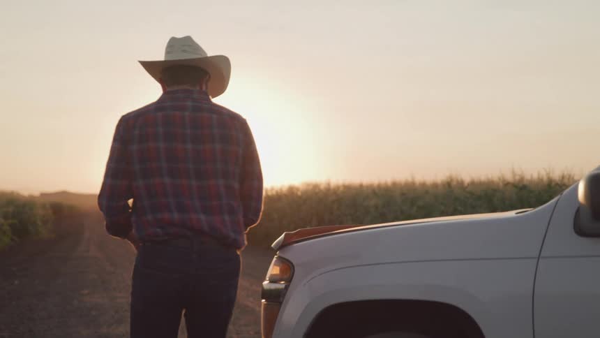 Man exits a pickup truck parked near a crop field and opens the hood while the sun shines from the horizon