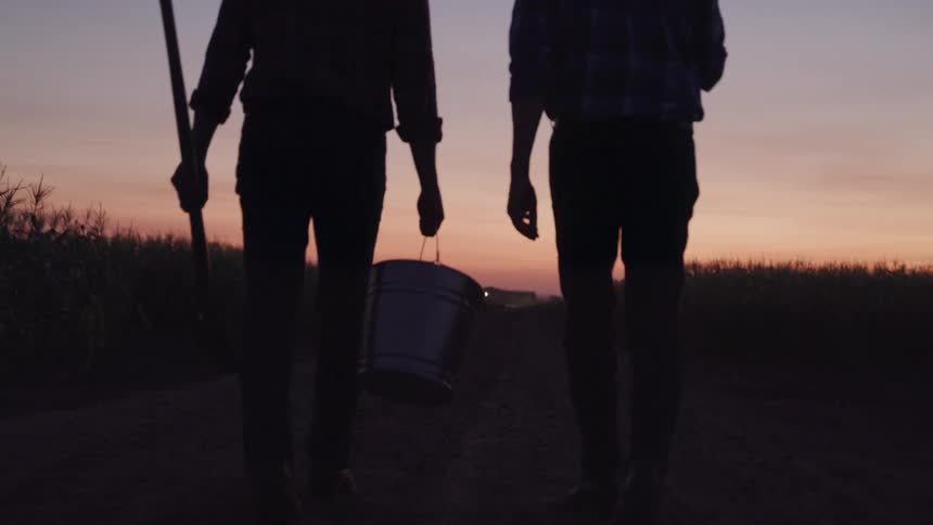 Two men one of them carrying a shovel and a bucket walk along a road between crop fields while red tints the horizon