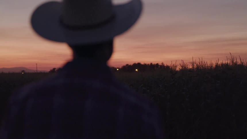 A blurry silhouette of a man in a cowboy hat gazes out over a darkened field as the sun sets casting warm hues across the sky