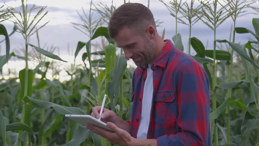 Caucasian man takes notes on a tablet device while standing in a farm during the day