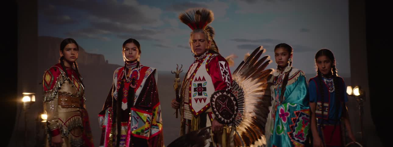 Group of people wearing traditional indigenous costumes during a presentation
