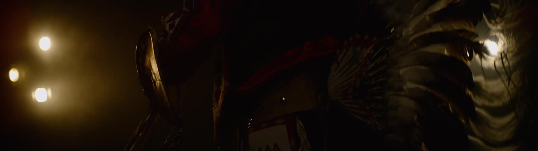 Person wearing traditional indigenous costume performing in a dimly lit hall