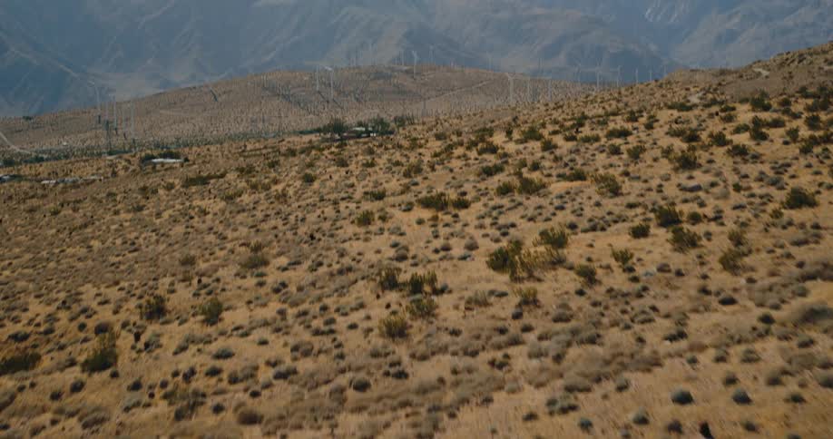 Shrubby desert slopes lead to hazy mountains with scattered wind turbines