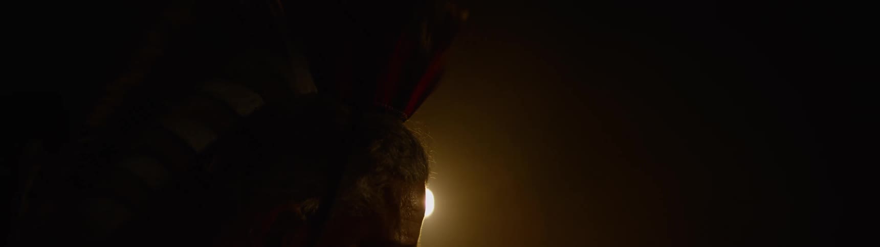 A persons head wearing a feathered headdress is silhouetted against a moving circular light source causing the feathers to subtly fan out and shimmer