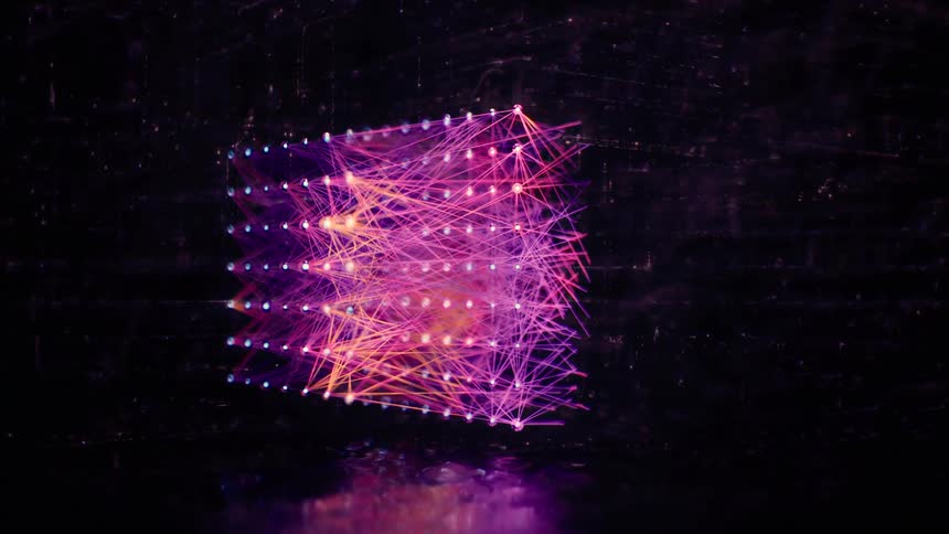 Orbit Shot of a Purple AI Neural Network - Abstract Data Flow - Machine learning - Nodes and Lines