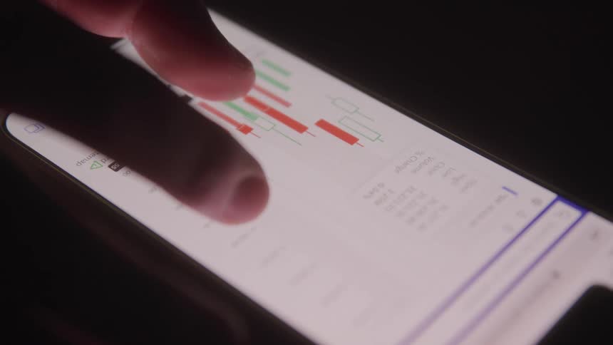Fingers touching a touchscreen displaying a stock market graph with red and green bars