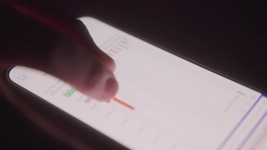 A person using a cellphone looking at financial market charts in binary options