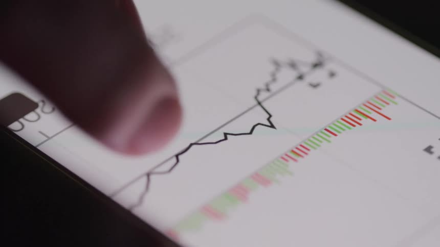 A person is scrolling through a line graph on the cell phone