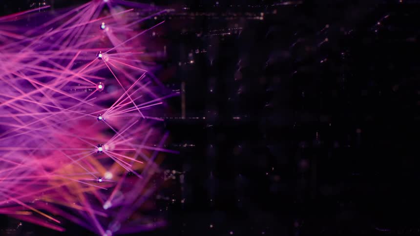 Side Following Shot of a Purple AI Neural Network - Abstract Data Flow - Machine learning - Nodes and Lines