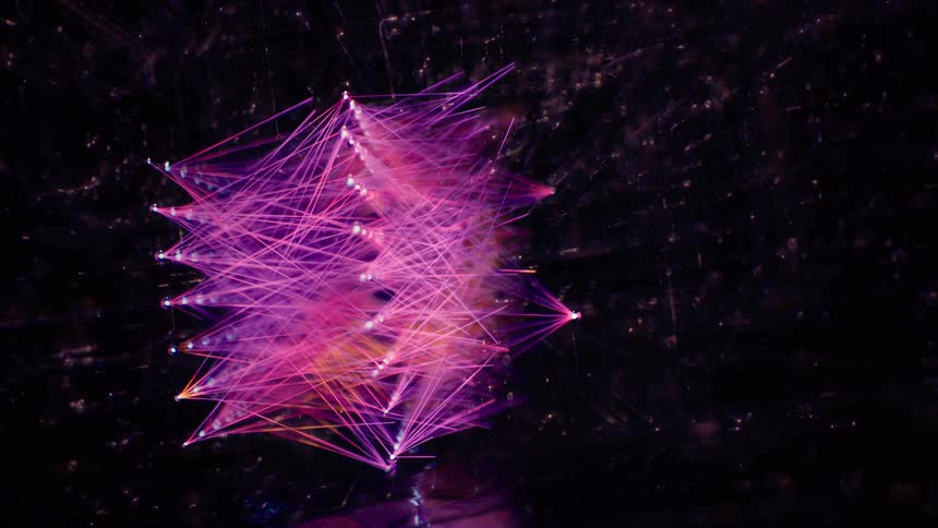 Dolly Out Shot of a Purple AI Neural Network - Abstract Data Flow - Machine learning - Nodes and Lines