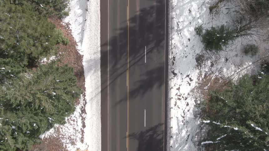 A truck driving along a road with snow piled on the sides and trees lining the route at midday