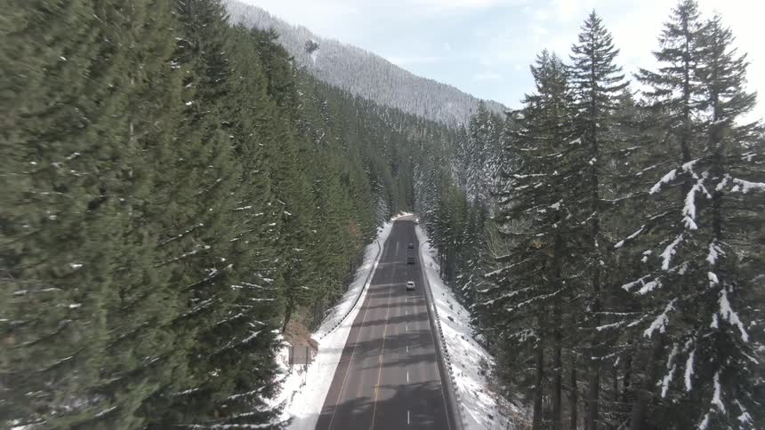 Aerial view of vehicles traveling along a paved road surrounded by snowy conifers