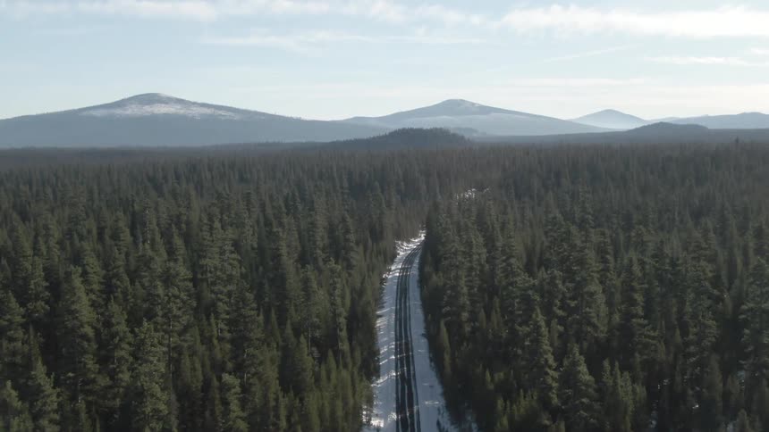 Snowy road runs through forest with mountains in the distance