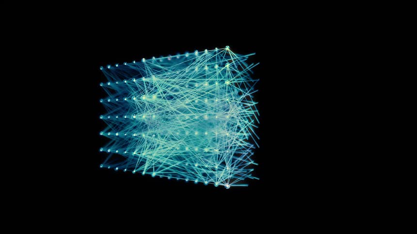 Orbit Shot of a Blue AI Neural Network - Abstract Data Flow - Machine learning - Nodes and Lines