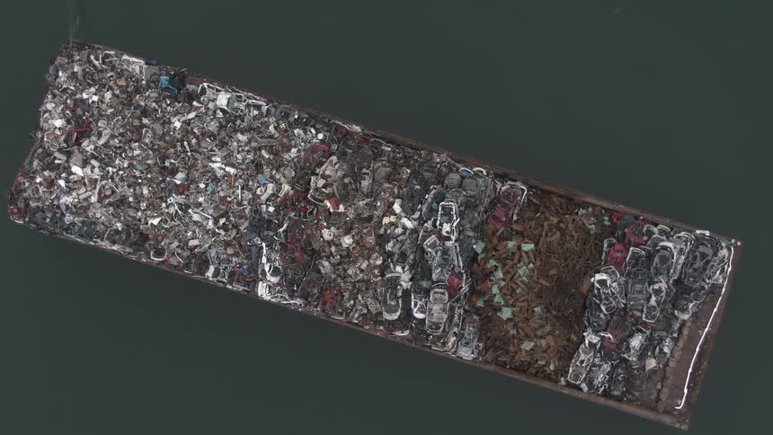 A garbage barge in the ocean