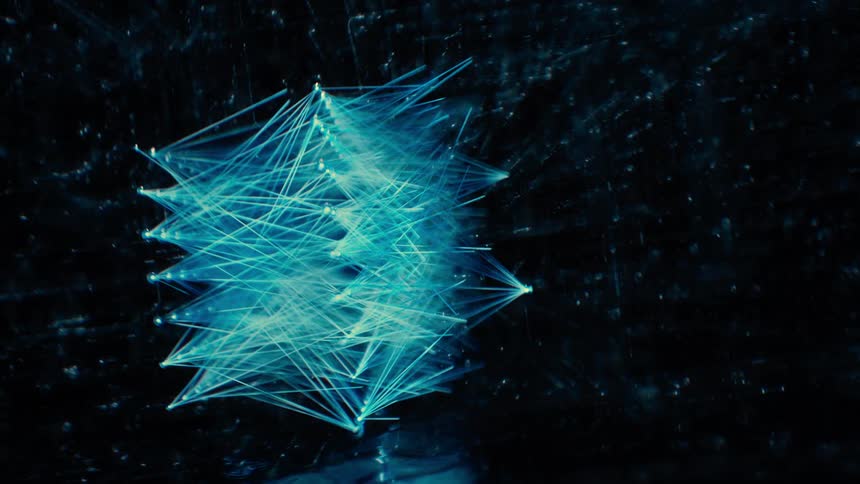 Dolly Out Shot of a Blue AI Neural Network - Abstract Data Flow - Machine learning - Nodes and Lines