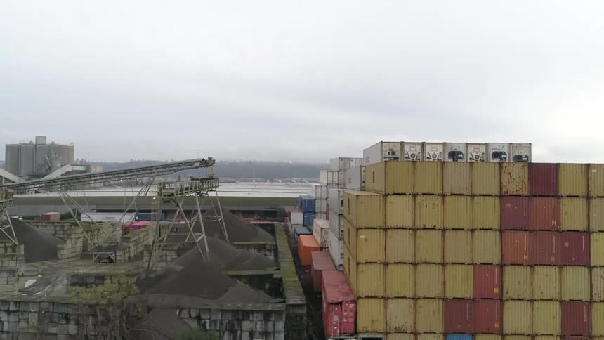 Aerial view of a port with containers