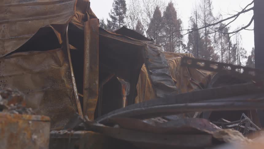 The rusted and twisted remains of a metal building sit amidst debris in the aftermath of a forest fire with scorched trees visible in the background
