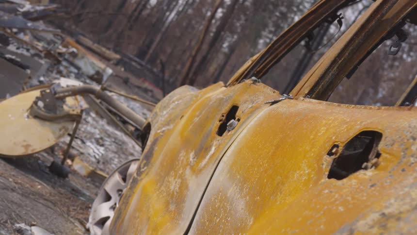 Rusted car carcass sits amongst junk near the woods on a winter day