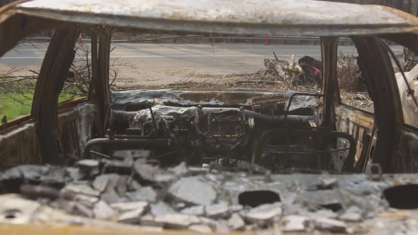 The burned ruins of a car