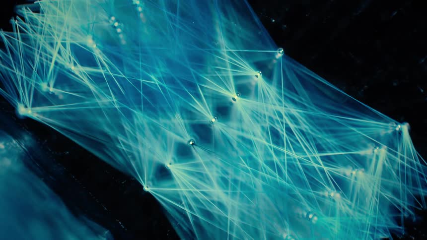 Dolly Out Shot of a Blue AI Neural Network - Abstract Data Flow - Machine learning - Nodes and Lines
