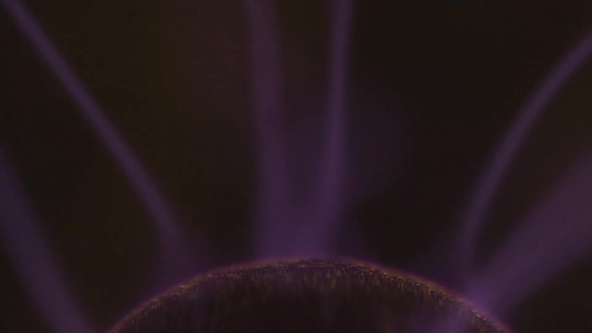 A closeup shot shows purple tendrils of plasma electricity rising from the surface of a dark sphere against a black background