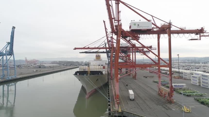 A cargo terminal with a large ship and iron containers