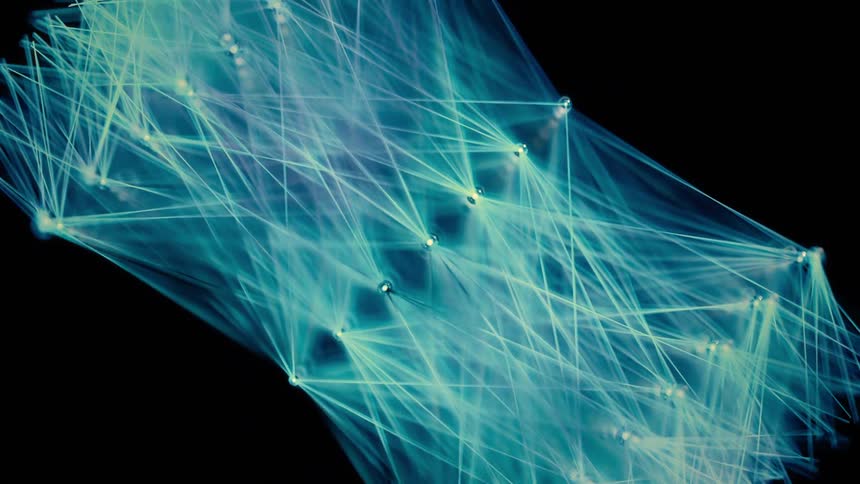 Dolly Out Shot of a Blue AI Neural Network - Abstract Data Flow - Machine learning - Nodes and Lines