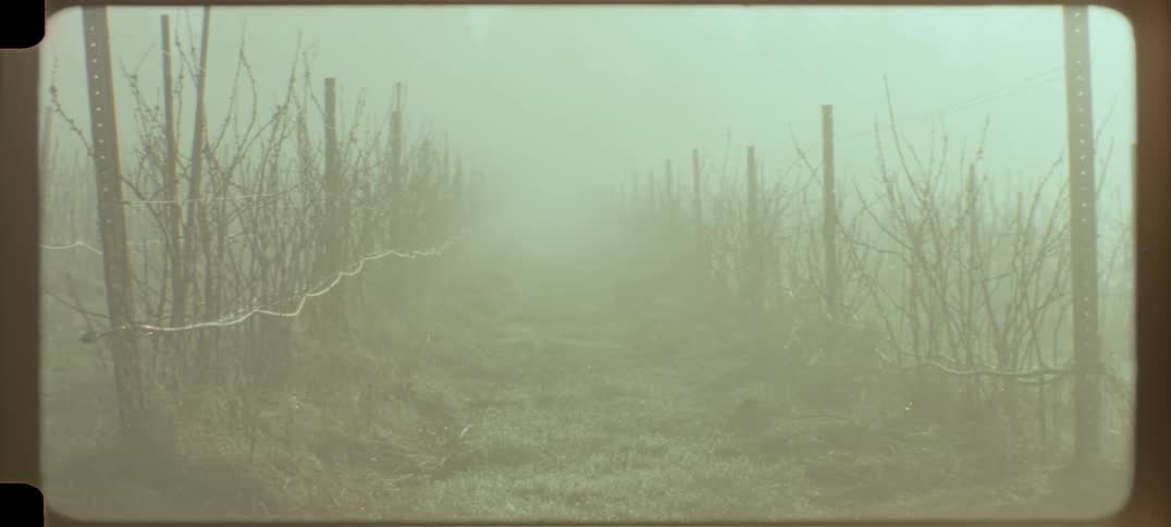 Trail in a fenced agricultural area on a cloudy heavily foggy day