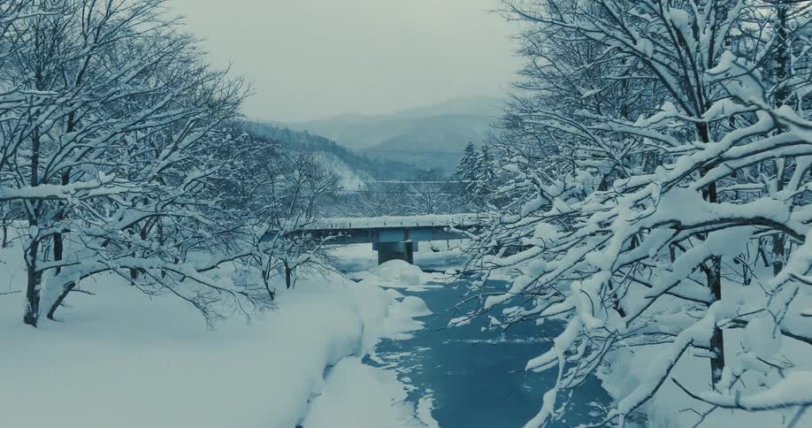 A river with lots of snow and frozen trees on the sides a bridge and a truck passing over the bridge