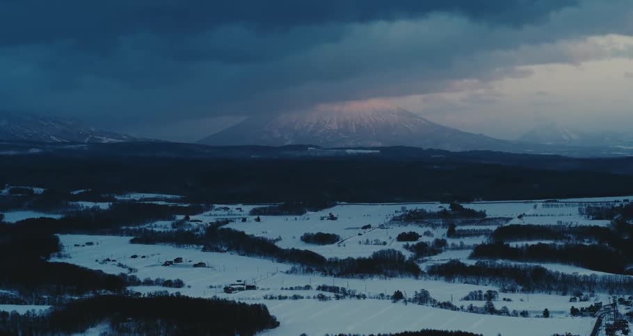 Aerial shot of an area with snow and sparse vegetation and a towering mountain in the background
