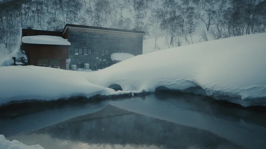 A snowcovered building sits by a frozen stream in a quiet winter forest