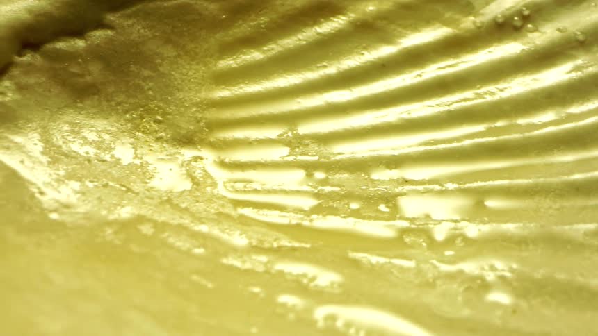 White light creates a shiny reflection on the underside of a wet cream colored scalloped seashell