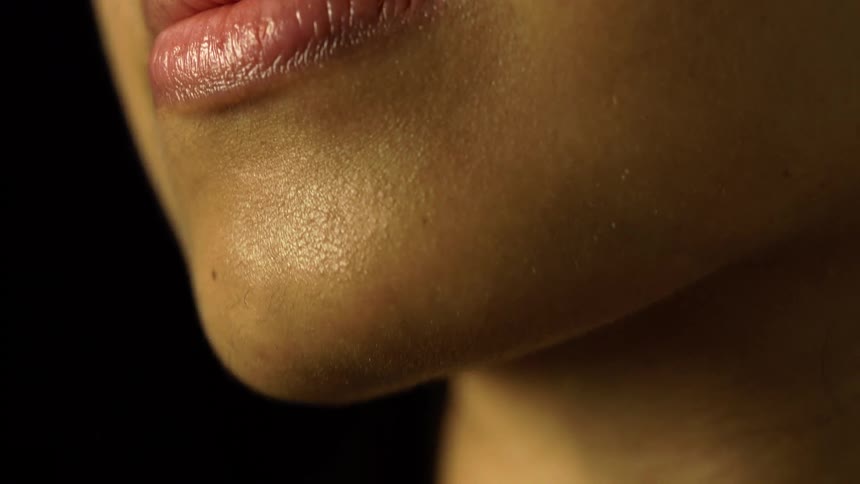 Extreme close up of a womans facial skin from her nose to her neck