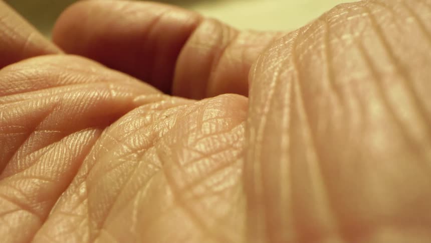 Extreme close up of a persons palmar creases and thumb