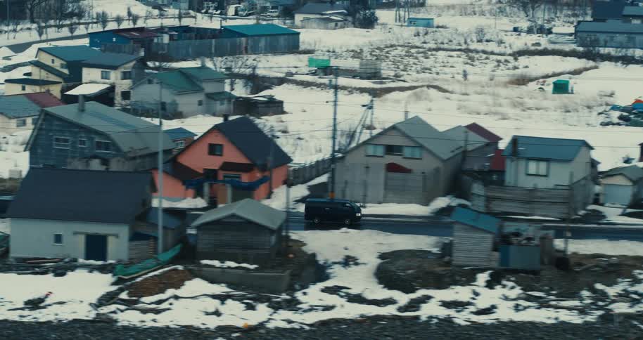 A row of small coastal houses sits beside a snowy shoreline under an overcast sky