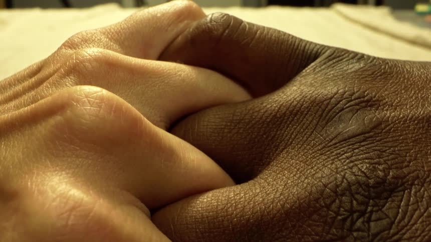 Hands of two people together with different skin tones