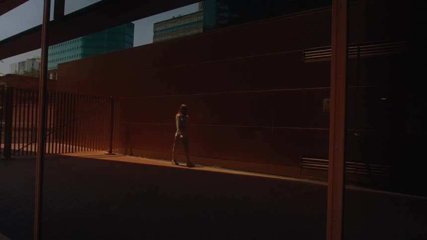 The window is reflecting a woman walking