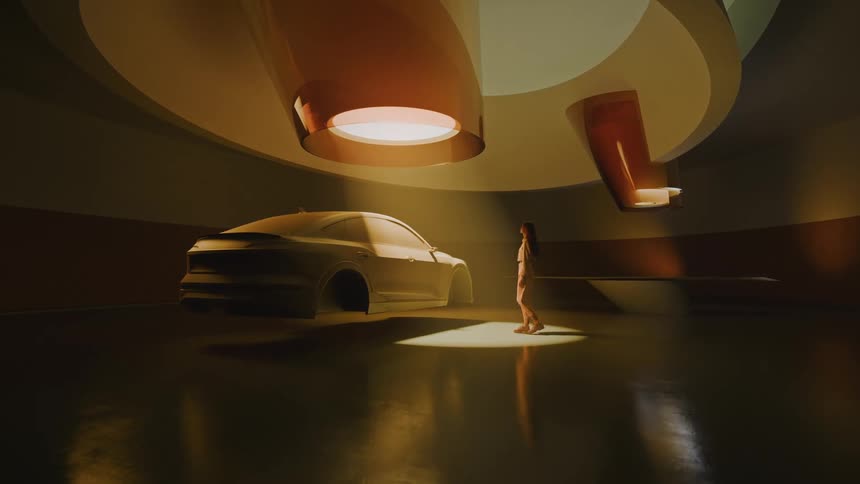 Woman moves to stand near a vehicle body floating in the air under a large spotlight