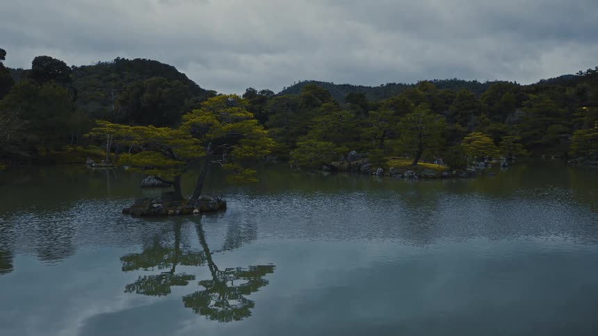 A calm lake reflects dense greenyellow trees beneath a cloudy sky