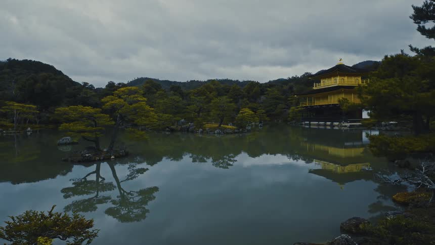 Asian temple on a lake surrounded by mountains and trees
