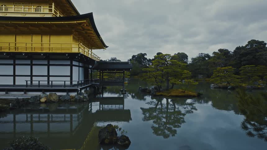 A temple is on the lake water by the forest