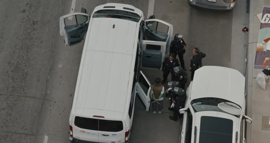 Police officers arrest a handcuffed individual next to a white van on a city street