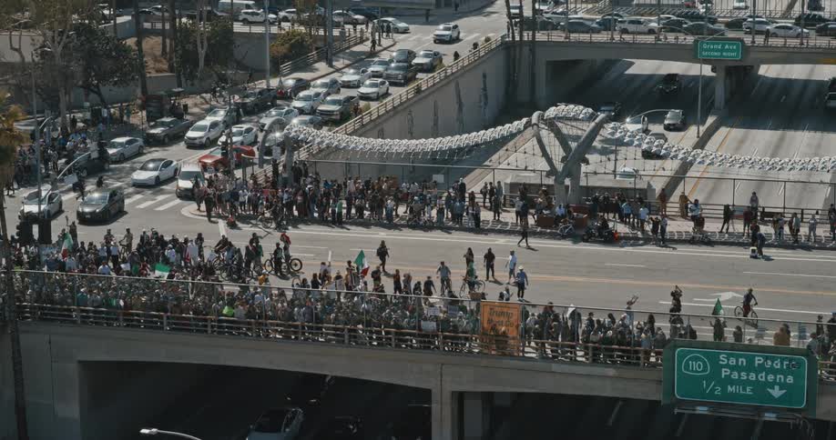 The protestors are all over the overpass in the city
