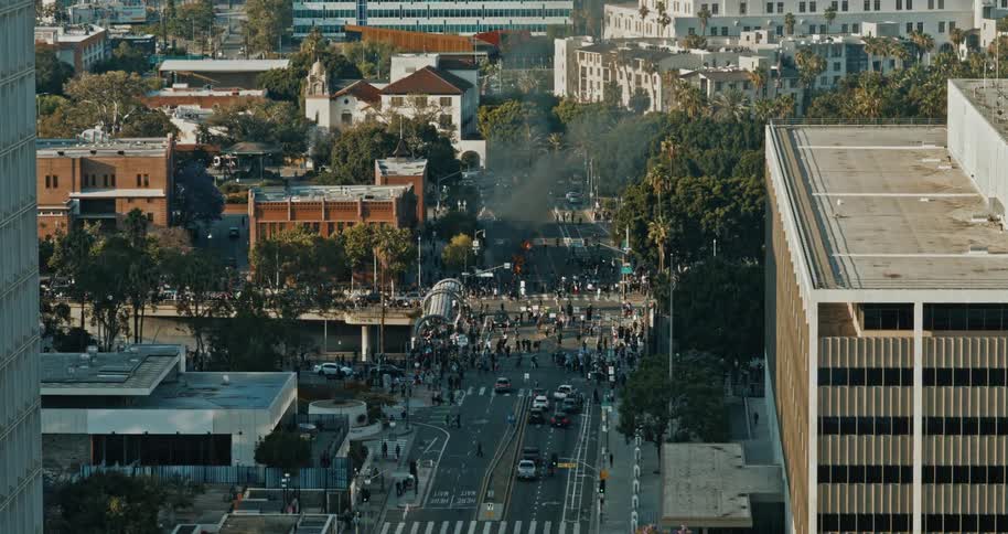 People move through the streets of a city