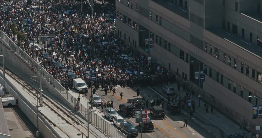 A large crowd of protesters fills a city street holding signs and flags as police line the area
