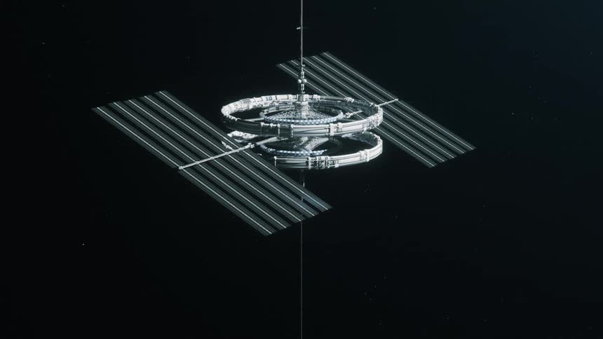 A space elevator orbital station - counter rotating rings for artificial gravity