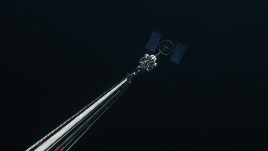A space elevator climber races up a tether towards orbital station