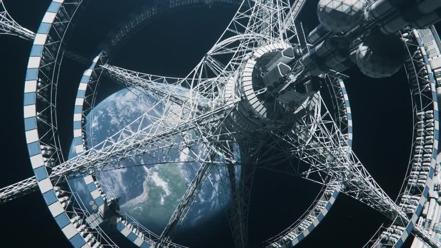 A futuristic space elevator extends to a circular space station or habitat orbiting earth